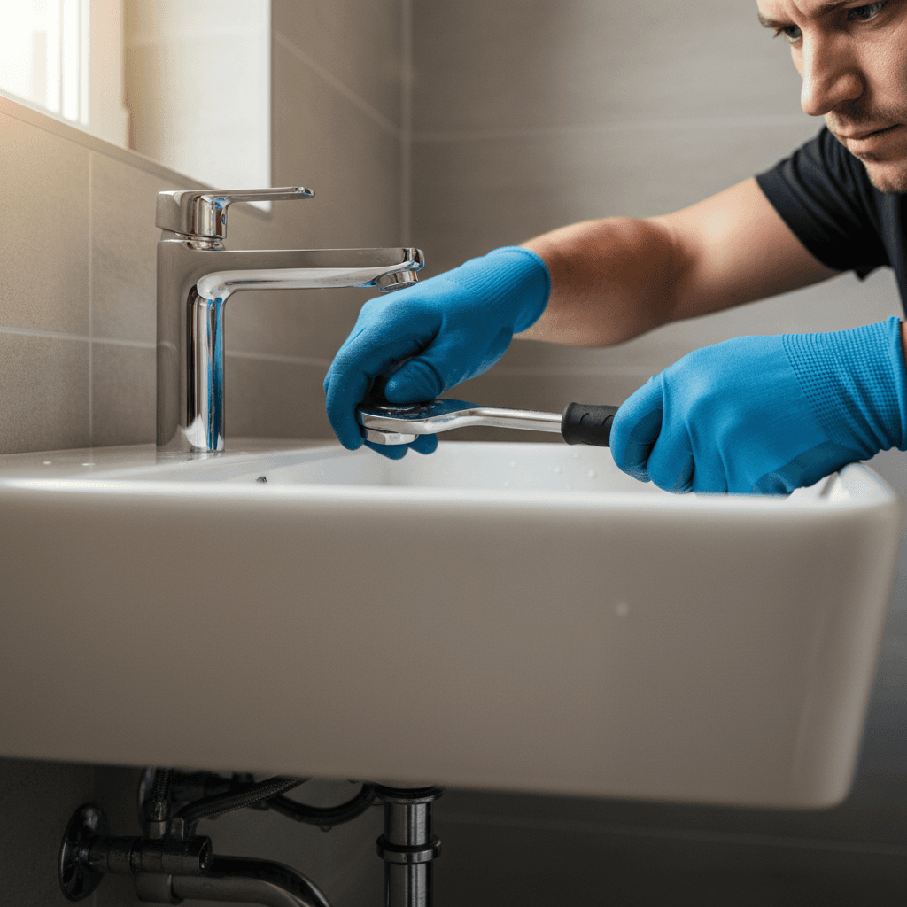 Plumber tightening a pipe fitting under a bathroom sink